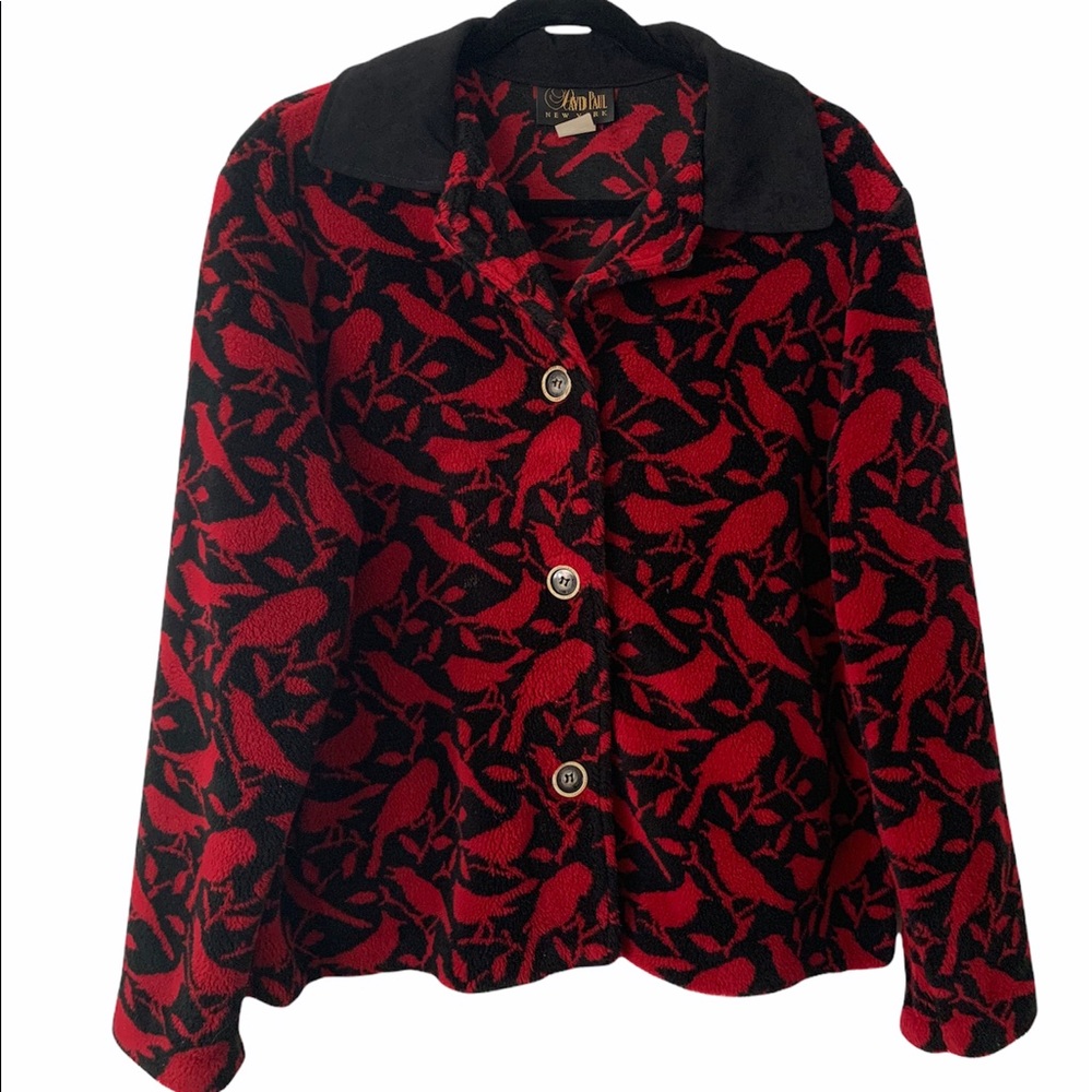 Vintage David Paul Red Black Bird Fleece Jacket L